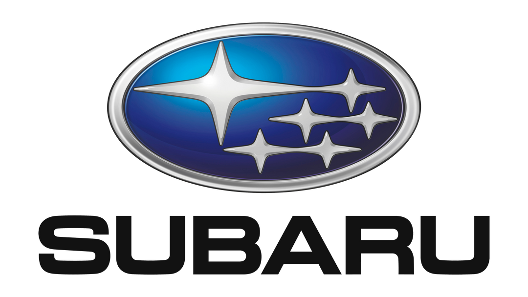 Subaru logo featuring a blue oval with silver stars and bold black text.