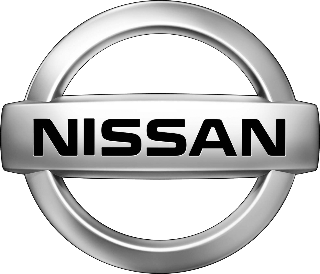 Nissan logo featuring sleek silver design with bold black text, symbolizing innovation in automotive industry.