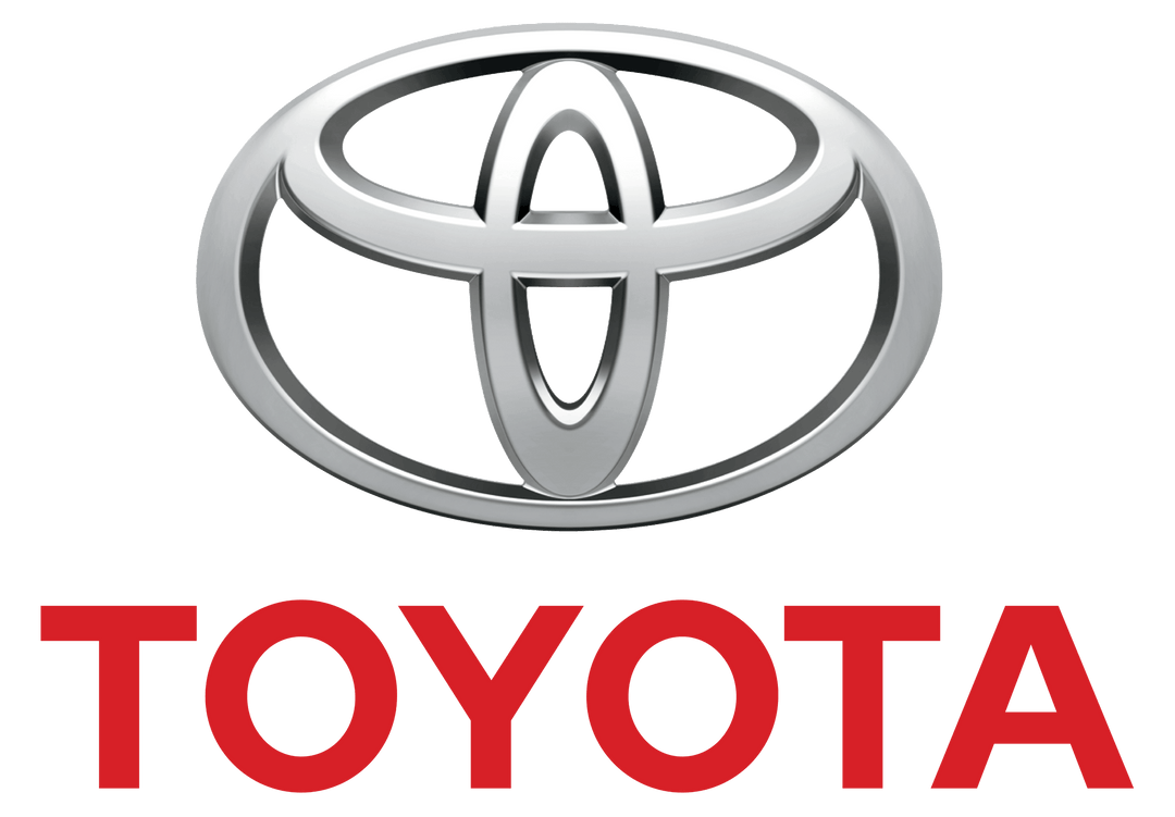 Toyota logo featuring a silver emblem and red text on a transparent background.