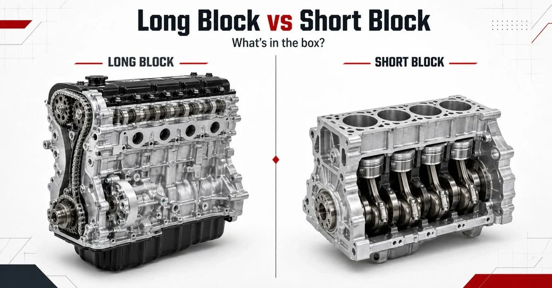 Long block versus short block comparison showing which engine components are included